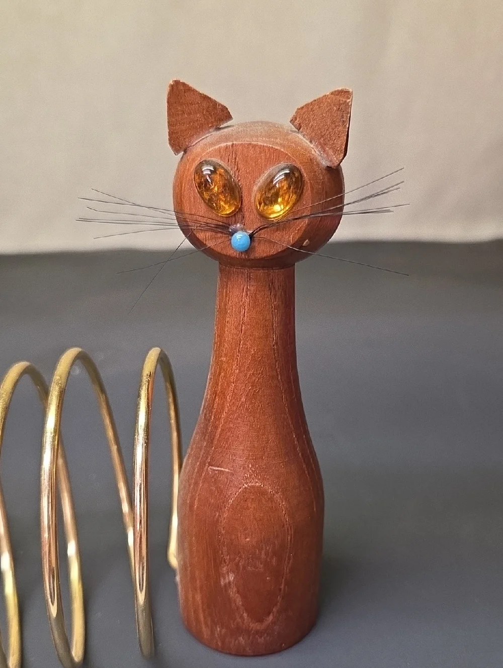 Vintage MCM Mid Century Modern Wood Cat & Mouse Spiral‎ Letter Rack Holder Japan